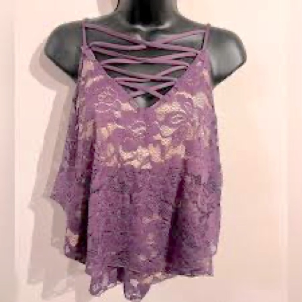 Express Purple Floral Lace Up Tiered Tank